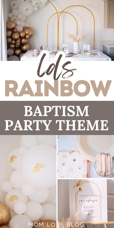 Photo collage of baptism party with text that reads "LDS rainbow baptism party theme" Baptism Theme Ideas, Lds Baptism Decorations, Baptism Ideas Girl, Baptism Table Centerpieces, Baptism For Girl, Lds Baptism Ideas, Baptism Party Theme, Balloon Garland Ideas, Girl Baptism Party