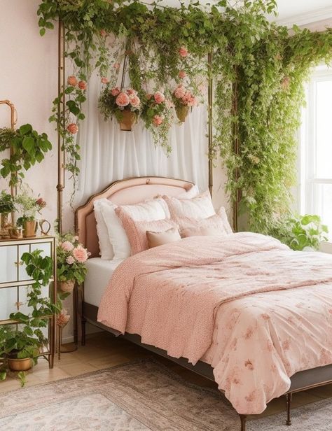 Pink And Plants Aesthetic, Meadow Themed Bedroom, Girly Plant Bedroom, Cottagecore Princess Bedroom, Pink Bedroom Plants, Pink And Green Floral Bedroom, Pink Forest Bedroom, Green Theme Room Bedrooms, Pink Flowers Bedroom