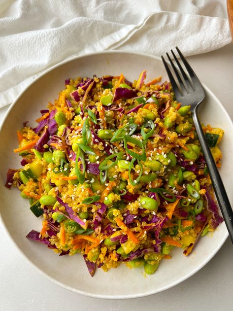 Quinoa Edamame Salad with Carrot Ginger Dressing | Quinoa Edamame, Carrot Ginger Dressing, Fluffy Quinoa, Cabbage Rice, Edamame Salad, Vegetarian Quinoa, Competition Prep, Asian Inspired Dishes, Sugar Free Vegan