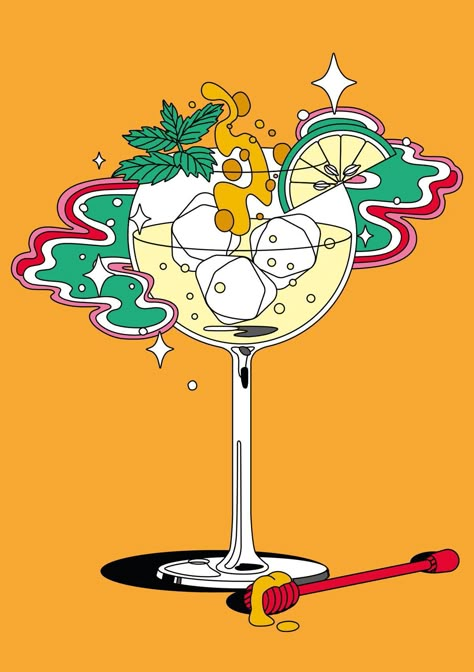 Celebration Illustration Graphic Design, Food Design Illustration, Drink Illustration Graphics, Party Drawing Illustration, Cocktail Illustration Graphic Design, Beverages Illustration, Cocktail Art Illustration, Gin Illustration, 50s Illustration