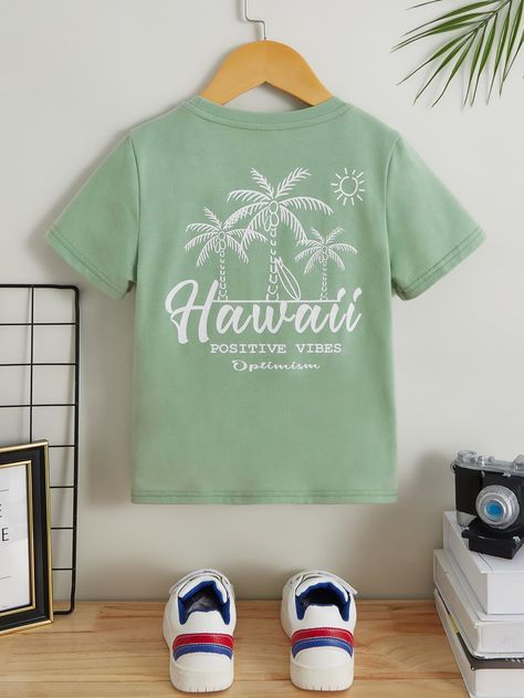 Mint Green Casual Collar Short Sleeve Knitted Fabric Letter,Tropical Embellished Slight Stretch Young Boys Clothing Birthday Girl Shirt Womens, Aztec Wallpaper, Boys Prints, Boy Toddler, Boys Summer Outfits, Fabric Letters, Birthday Girl Shirt, Coconut Tree, Cool Graphic Tees