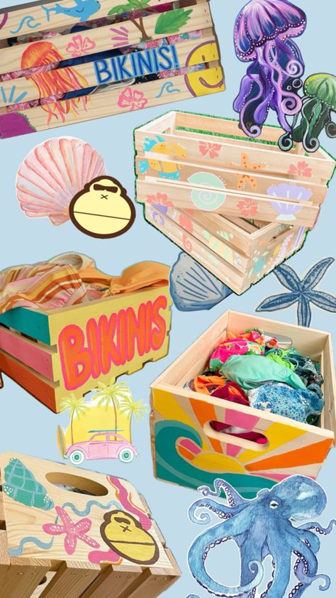 Painted bikini box crate bin Swimsuit Crate Painting, Swimsuit Boxes, Summer Box Painting, Swimsuit Box Painting, Bikin Box Ideas Easy, Swimsuit Box Painting Ideas, Bathing Suit Crate Painting, Easy Bikinis Box Painting, Paint Bikinis Boxes