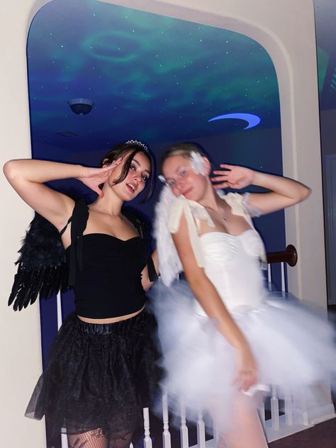 Swan Lake Halloween Costume Duo, Black And White Angel Costume, White And Black Swan, Swan Lake Costumes Halloween, Swan Lake Halloween Costume, Black And White Swan Costume, Black And White Swan, Black Swan Halloween Costume, White Swan Costume