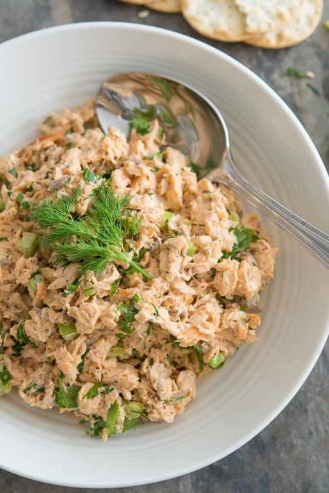 This Salmon Salad is easy to make and wonderful to keep on hand in the fridge. There are many different ways to eat it, and it has great crunch and flavor from celery, herbs, and a creamy homemade dressing. Salmon Salad Sandwich, Canned Salmon Salad, Salmon Salad Recipe, Canned Salmon Recipes, Salmon Salad Recipes, Taco Salad Recipes, Fish Salad, Easy Salmon, Baked Salmon Recipes