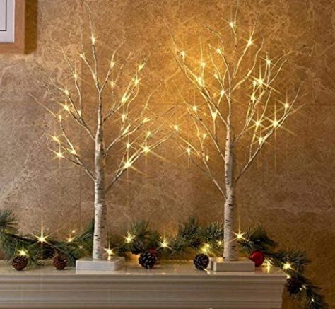 PEIDUO Set of 2 2FT 24LT Birch Tree Battery Powered Warm White LED for Home Decoration, Wedding White Birch Trees, Light Up Tree, Warm White Lights, Twig Tree, Tree Lamp, White Lights, Easter Tree, Artificial Tree, Mors Dag