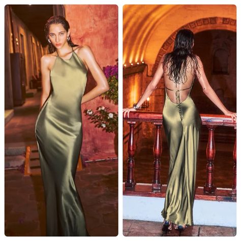 New With Tag Reformation Jeany Silk Satin Maxi Slip Dress In Olive Green Color. The Jeany Is A Full-Length, Fitted Halter Dress Guaranteed To Be The Favorite At Any Event. It Features An Open Back With Tie Detailing, An Adjustable Halter Neck, And Buttons On The Back That Lend A Flirty, Feminine Touch. Sleeveless. Halter Neckline. Adjustable Self-Tie Straps. Back Button Detail. Only Top Portion Is Lined. 100% Silk. Lightweight Silk Charmeuse Fabric. Dry Clean Only. Color: Olive Oil Size: X-Small Charmeuse Fabric, Silk Dress Long, Floral Gown, Maxi Gown Dress, Green Maxi, Reformation Dress, Silk Maxi, Silk Gown, Maxi Slip Dress