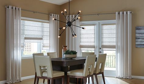 Dining Room Curtain Ideas, Room Curtain Ideas, Dining Room Drapes, Popular Window Treatments, Dining Room Window Treatments, Casual Dining Room, Balloon Shades, Budget Blinds, Dining Room Windows