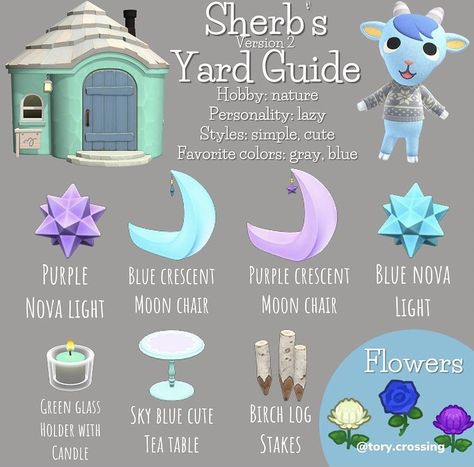 Acnh Sherb Yard Ideas, Cherry Yard Guide Acnh, Zell Yard Guide Acnh, Acnh Tammy Yard Guide, Yard Guides Acnh, Animal Crossing Sherb Yard, Chevre Yard Guide Acnh, Acnh Sherb Yard Guide, Acnh Sherb Gift Guide