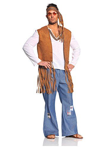 Underwraps Costumes  Men's Retro Hippie Costume - Right On, White/Tan/Blue, One Size Best Halloween Costumes & Dresses USA Fantasia Plus Size, 1960s Costumes, Decades Costumes, 60s Costume, 60s Men, 70s Costume, Moda Hippie, Plus Size Costume, Faux Suede Vest