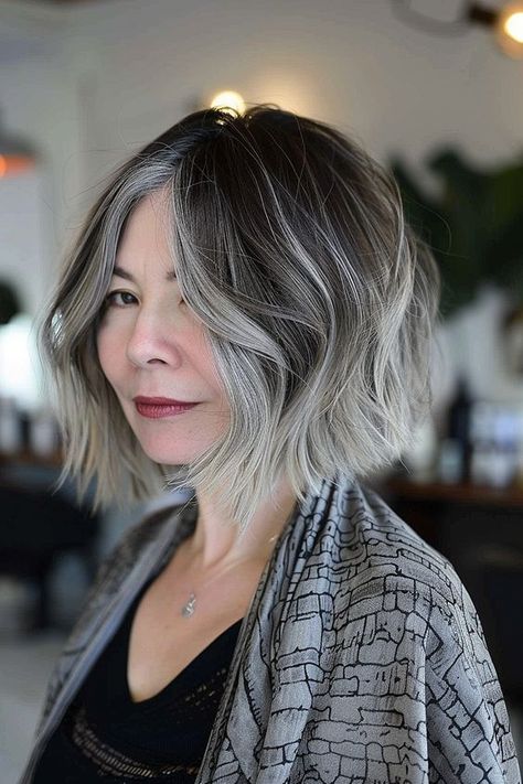 Best Bob Haircuts for Women Over 60 Grey Dip Dye Hair, Grey Hair White Money Piece, Grey Blending Short Hair, Ash Brown With Gray Highlights, Dimensional Grey Hair, Grey Underneath Hair, Lowlights On Gray Hair, Pixie Gray Hairstyles, Grey Hair With Black Highlights