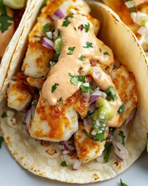 Zesty Fish Tacos with Spicy Sriracha Lime Sauce Crispy Fish Tacos, Lobster Cream Sauce, Root Vegetable Gratin, Lime Slaw, Fish Taco Sauce, Cilantro Lime Slaw, Crispy Fish, Whipped Goat Cheese, Fish Taco