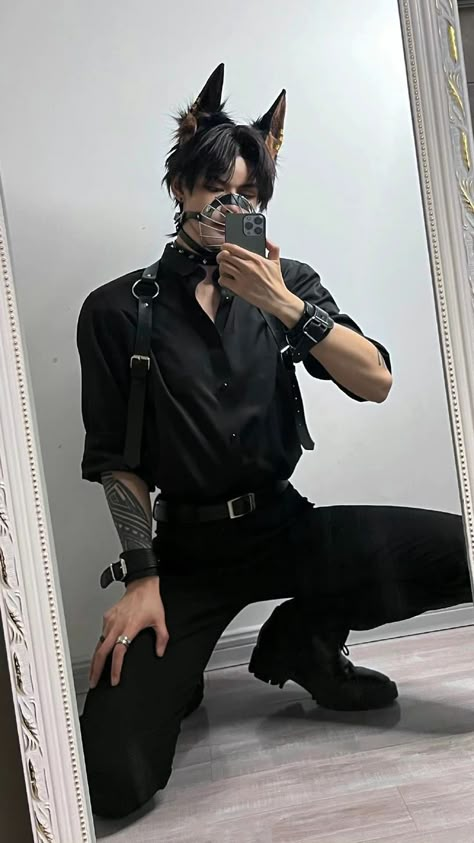 Catboy Pose, Cat Boy Cosplay, Catboy Outfit, Edgy Pose Reference, Goth Pose Reference, Fem Outfits For Men, Fem Boy Fashion, Interesting Poses Reference, Guy Outfit Ideas