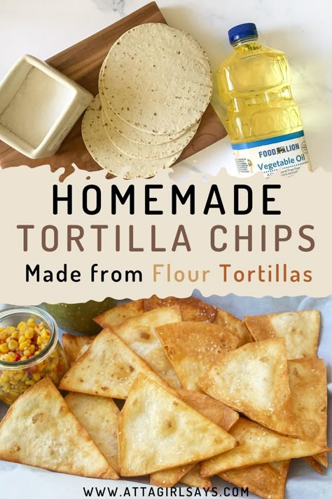 Homemade tortilla chips made from fried flour tortillas are delicious paired with your favorite salsa. These are even better than corn chips, and they're so easy to make using ingredients you probably already have at home! Make a big batch for a party or fry up a few for game day. Can also be made in an air fryer. Easy Snacks For Work, Breakfast Tacos Vegetarian, Quick After School Snacks, Healthy Grab And Go Snacks, Tortilla Chips Homemade, Baked Corn Tortillas, Healthy Grab And Go, Flour Tortilla Chips, Eating High Protein