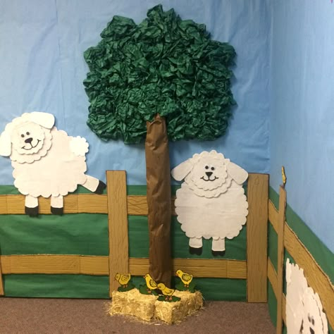 Sheep Classroom Decor, Diy Farm Decorations, Farm Decor For Classroom, Farm Preschool Room Decor, Barnyard Vbs Decorations, Farm Vbs Decorations, Farm Classroom Theme Decor, Barnyard Vbs, Farm Kindergarten