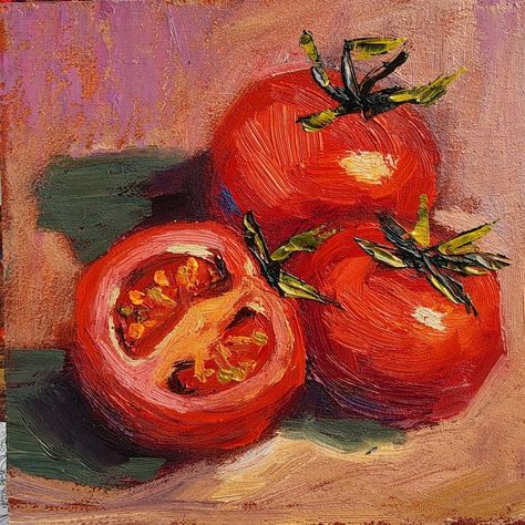 Three red tomatoes painting 🎀 I will make this painting to order. The artwork in the photo is already sold. Your artwork will be very similar in color and composition, but not exact. 💝The picture is with oil. Bright, lively picture will perfectly decorate the interior or will be a great gift for your home. Cute kitchen wall décor 🎀Ukrainian artist Tatiana Kolyada ABOUT THE PICTURE. 🎀The size of the painting is 15x15cm or 6x6 inches. 🎀Materials: hardboard, oil paints, palette knife, brush 🎀 Simple Food Paintings, Beginner Still Life Painting, Oil Painting Of Food, Orange Fruit Painting Acrylic, Still Life Artwork, Bright Oil Paintings, Tomato Oil Painting, Food Painting Aesthetic, Oil Paint Still Life