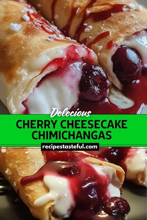 Cherry Cheesecake Chimichangas are a delicious twist on traditional chimichangas, featuring a creamy cheesecake filling combined with sweet cherry pie filling and wrapped in crispy, cinnamon-sugar-coated tortillas. These indulgent treats are perfect for a special dessert or a fun party snack. Sweet Cherry Pie Filling, Cheesecake Chimichangas, Sweet Cherry Pie, Traditional Thanksgiving Recipes, Peach Pie Filling, Canning Cherry Pie Filling, Easy Thanksgiving Recipes, Fried Tortillas, Canned Cherries