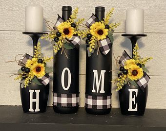 Farmhouse Candle Holders, Wine Glass Candle Holder, Sunflower Home Decor, Wine Glass Candle, Buffalo Plaid Decor, 2 Candles, Farmhouse Candles, Wine Glass Crafts, Wine Bottle Diy Crafts