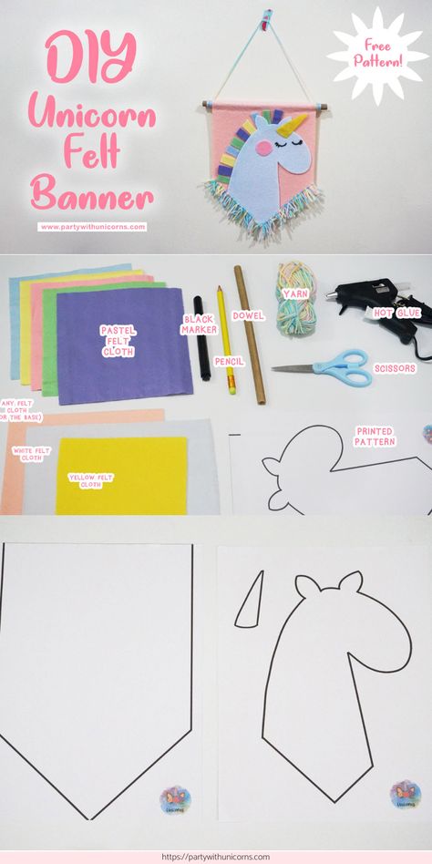 Adorable DIY Unicorn Banner with Templates. Perfect for a Unicorn Themed bedroom or Party decorations. Unicorn Crafts Diy, Diy Unicorn Crafts, Library Party, Unicorn Themed Bedroom, Banner Craft, Unicorn Felt, Unicorn Bedroom Decor, Unicorn Banner, Unicorn Bedroom