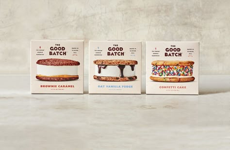 Brooklyn Bakery, Gourmet Ice Cream, Cream Packaging, Ice Cream Packaging, Vanilla Fudge, Catering Desserts, Ice Cream Cookie Sandwich, Bakery Branding, Dessert Packaging