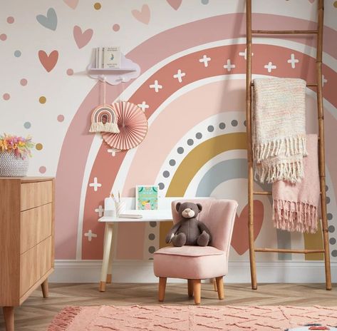 Let your little one chase the rainbow daily with this magical rainbow wall mural. This lovely mural will turn any plain wall into a picture of joy that will have your child's imagination reaching for the skies. A rainbow stretches across the entire wall, painted in shades of pastel pink, mustard yellow, and mineral blue. The colours are dreamy and soothing, creating a calming atmosphere that will help your child drift off into the sweetest dreams Pastel Rainbow Bedroom, Rainbow Bedroom Ideas Kids, Shades Of Pastel Pink, Rainbow Wall Mural, Rainbow Mural, Rainbow Bedroom, Shades Of Pastel, I Love Wallpaper, Sweetest Dreams