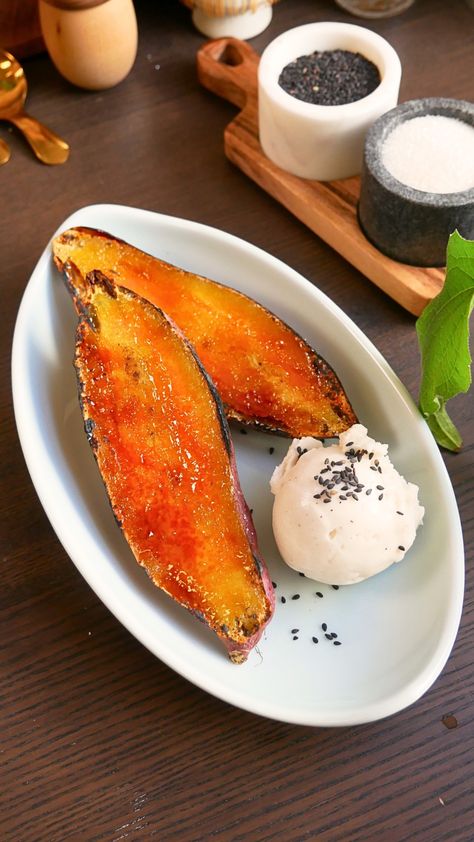 Bruleed sweet potatoes are an easy and delicious two-ingredient dessert! It’s surprisingly light and not overly sweet, even better with a scoop of ice cream! Sweet Potato Ice Cream, Two Ingredient Desserts, Korean Sweet Potato, Sweet Potato Dessert, Sweet Potatoes Recipe, Korean Dessert, Scoop Of Ice Cream, Asian Sweets, Korean Desserts