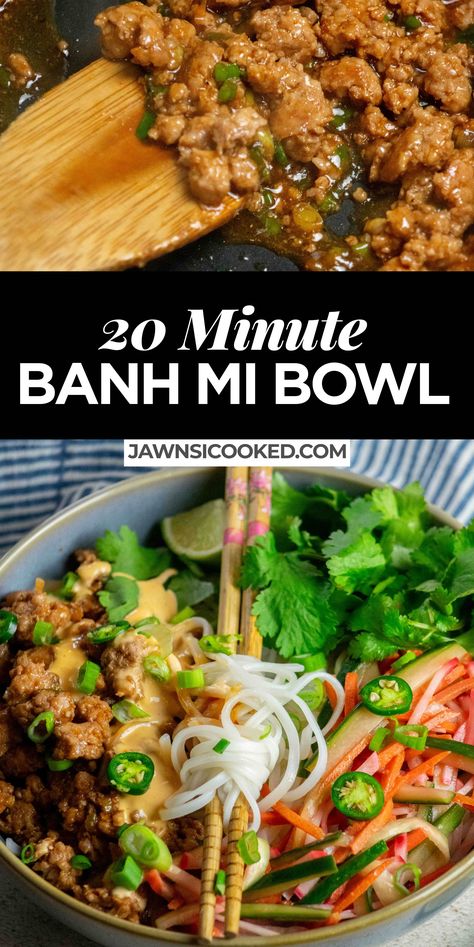 This 20 Minute Vietnamese-inspired Pork Banh Mi Bowl recipe is loaded with seasoned and saucy ground pork, scallions, pickled veggies, rice noodles, spicy mayo and fresh herbs for a quick and easy way to enjoy the flavors of a classic Banh Mi any night of the week! Ground Pork Recipes Easy, Banh Mi Bowl, Pork Bowl Recipe, Pork Banh Mi, Asian Pork Recipes, Noodles Spicy, Ground Pork Recipes, Pork Noodles, Asian Pork