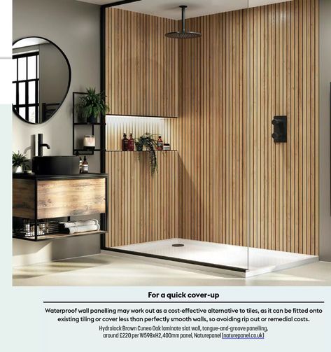 Wood Panel Bathroom, Downstairs Shower Room, Waterproof Wall Panels, Bathroom Downstairs, Bathroom Paneling, Bathroom Wall Panels, Oak Wall, Wet Room, Upstairs Bathrooms