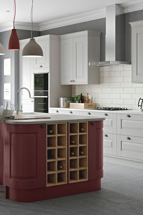 A stunning shaker kitchen with a deep red feature island. View our cabinet and colour options here: Deep Red Kitchen, Kitchens Shaker Style, Red Kitchen Island, Shaker Kitchens, Colourful Kitchen, Shaker Style Kitchens, Shaker Kitchen, Red Kitchen, Grey Kitchen