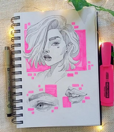 [𝑺𝒂𝒗𝒆 & 𝑭𝒐𝒍𝒍𝒐𝒘]~♡´･ᴗ･`♡ Art Markers Drawing Easy, Highlighter Drawings, Sketchbook Pages Inspiration, Highlighter Art, Fantastic Drawing, Whimsical Art Journal, A Level Art Sketchbook, Pencil Sketch Images, Dragon Ball Painting