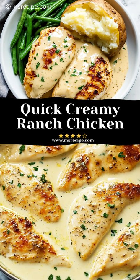 Looking for a quick dinner idea? This creamy ranch chicken recipe is fast, flavorful, and perfect for busy weeknights. Tender chicken meets a rich, ranch-infused sauce for a satisfying meal. Ranch Chicken Tenders, Creamy Ranch Chicken Recipe, Ranch Chicken Recipe, Creamy Ranch Chicken, Zesty Ranch, Ms Recipes, Chicken Breasts Recipe, Ranch Chicken Recipes, Creamy Ranch