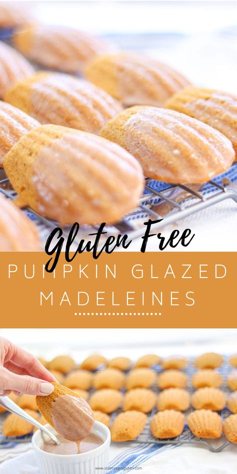 These classic french cake cookies take a twist with fall flavors! Pumpkin madeleines that are then glazed with a pumpkin pie spiced glaze for the ultimate Autumn treat! Gluten Free Madelines, Vegan Madeleines Recipe, Pumpkin Madeleines, Pumpkin Spice Glaze, Madeline Cookies Recipe, Pumpkin Bake, Cake Cravings, Celiac Diet, Cake Macarons