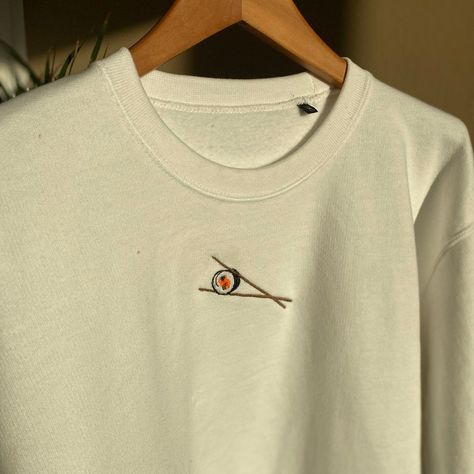 Embroidery Sweater Ideas, Embroidery Designs Men, Embroidery Designs Shirt, Sushi Embroidery, Embroidery Sweaters, Tshirt Embroidery, Cute Embroidery Patterns, Minimal Shirt Design, Sweater Embroidery