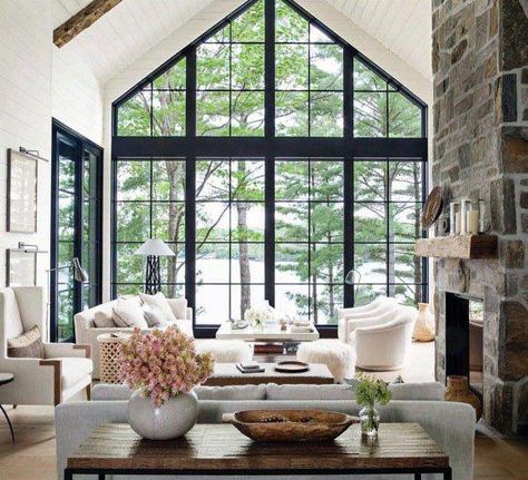 Shiplip Wood Beam Vaulted Ceiling Interior Ideas #luxuryhomeinterior Rustic Modern Farmhouse Living Room, Modern Farmhouse Living Room Decor, Lake House Interior, Farmhouse Living Room Decor Ideas, Modern Farmhouse Living, Sala Grande, House Decor Modern, Black Living Room, Living Room Goals