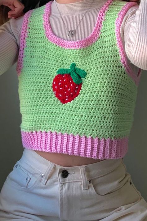 Sweater Crochet Patterns, Crocheted Sweaters, Strawberry Sweater, Strawberry Crochet, Crochet Sweater Pattern, Crochet Strawberry, Crochet Vest Pattern, Crochet Clothing And Accessories, Crochet Fashion Patterns