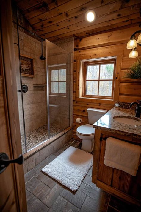 20 Small Cabin Interior Ideas For A Cozy Haven Cabin Half Bath, Cabin Guest Bathroom, Cabin Interiors Bathroom, Wooden Cabin Bathroom, Wood Cabin Bathroom, Vintage Cabin Bathroom, Cabin Style Homes Interior, Bunkie Ideas Interiors Guest Cabin, Cabin Bathroom Design