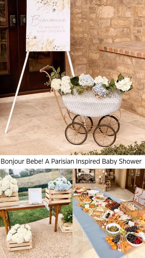 Bonjour Bebe- a Parisian Themed Baby Shower - traditionallycozy.com French Country Baby Shower Ideas, Parisian Market, Parisian Baby Showers, French Baby Shower, Brunch In Paris, Classy Baby Shower, Country Baby Shower, Parisian Theme, French Theme