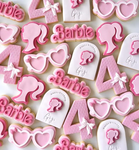 All Occasion Cookies by Corina | OBSESSEDDDD with this much pink 🤪 Oh hey Barbie 🙋🏼‍♀️ Happy 4th Birthday Gigi 🥳🎀🩷 This was such a fun set to make I’m not gonna lie 😜🥰 .… | Instagram Barbie Themed Decorated Cookies, Barbie Biscuits, Barbie Birthday Food, Barbie Birthday Cookies, Birthday Barbie, Barbie Sugar Cookies, Barbie Cookies Decorated, Barbie Cake Ideas, Barbie Cookies