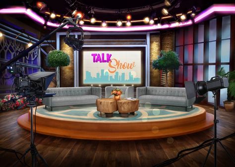 Talk Show Set Design Studios, Talk Show Host Aesthetic, Talkshow Set Design, Tv Show Set Design, Youtube Backdrops, Studio Room Design, Studio Background Ideas, Club Background, Podcast Setup