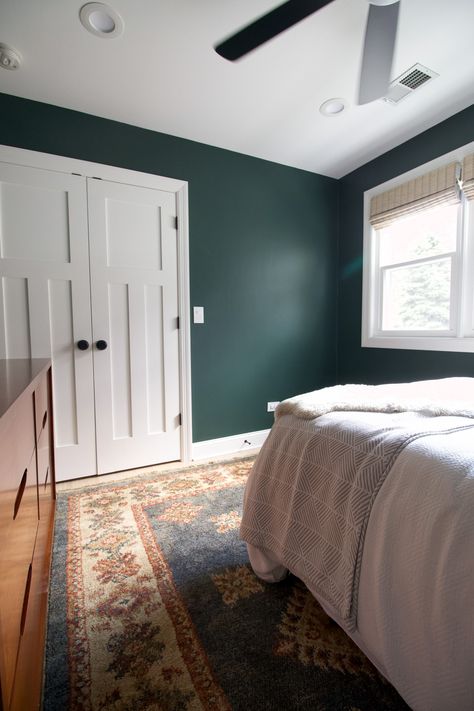 Boy Nursery Reveal - Our Son's Cozy Room | The DIY Playbook Black Curtain Rod, Bold Curtains, Stained Wood Trim, Dark Green Rooms, Frame Windows, Stained Trim, White Laundry Rooms, Dark Trim, Dark Green Walls