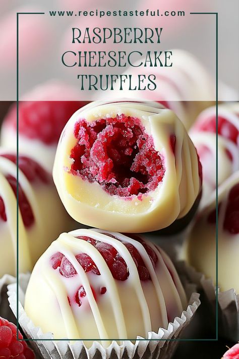 Indulge in these delightful Raspberry Cheesecake Truffles that combine creamy cheesecake filling with the vibrant flavor of raspberries, all coated in smooth chocolate. Perfect for parties, gifts, or a sweet treat at home! Blueberry Cheesecake Truffles, Raspberry White Chocolate Truffles, White Raspberry Cheesecake Balls, No Bake Cheesecake Truffles, Raspberry Truffles Easy, No Bake Raspberry Cheesecake Bites, Raspberry Cheesecake Desserts, White Chocolate Raspberry Cheese Balls, Mini Raspberry Cheesecake Recipes