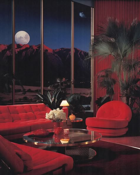 80s Futurism Interior, Mysterious Interior Design, 80s Dining Room Aesthetic, 1980s House Interior Design, Dreamy 80s Aesthetic, 90’s Interior Design, 80’s Interior Design, 80s Aesthetic House, 80s Office Aesthetic