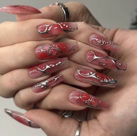 Red Cyberpunk Nails, Pink Cyberpunk Nails, Aespa Nails Designs, Sigil Nails, Cybersigilism Nails, Cybergoth Nails, Cyberpunk Nails, Vip Nails, Punk Nails