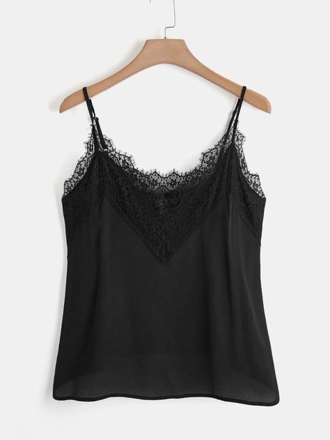 SHEIN Clasi Plus Contrast Lace Cami Top | SHEIN USA Lace Cami Top, Black Camisole, Plus Size Tank Tops, Tank Top Camisole, Lace Cami, Black Laces, Kids Beachwear, Women Lace, Cami Tops