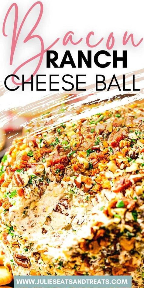 A quick and easy cheese ball recipe that's loaded with flavor from the mixture of cream cheese, bacon, ranch, parsely, sharp cheddar cheese and BBQ sauce. This Bacon Ranch Cheese Ball makes a delicious holiday appetizer. It's perfect for parties, New Year's Eve and more! Bacon Ranch Cheese Ball Recipe, Bacon Cheeseball, Bacon Ranch Cheeseball, Bacon Ranch Cheese Ball, Easy Cheese Ball, Ranch Cheese Ball, Zesty Ranch, Cheese Ball Recipe, Ranch Seasoning Mix