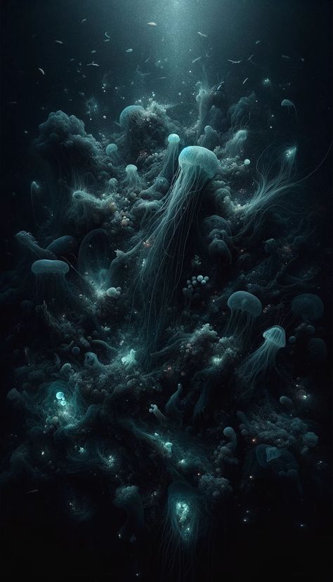 Underwater Mystery_ A dark, deep-sea scene with hints of bioluminescent creatures Dark Sea Aesthetic Wallpaper, Bioluminescent Creatures, Dark Angel Wings, Matte Black Background, Beach Wall Collage, House Silhouette, Dragon Silhouette, Sea Aesthetic, Ocean Backgrounds