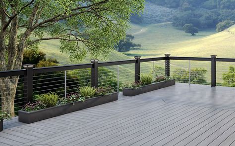 Decking, Railing, Balusters, Post Caps and Accessories - Deckorators Hand Rail Design, Driveway Bridge, Deck Cable Railing, Decking Railing, Grey Deck, Bridge Ideas, Cable Railing Deck, Outdoor Living Deck, Lake House Interior