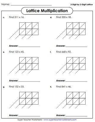 Printable Lattice Worksheets (Multiplication) Lattice Multiplication Worksheets, Multiplication Worksheets 4th Grade, Box Method Multiplication, Lattice Method, Lattice Multiplication, Long Multiplication, Distributive Property Of Multiplication, Multiplication Worksheet, Tutoring Ideas