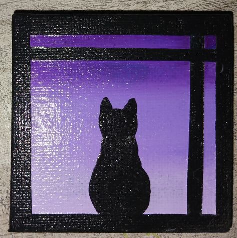 2.5in x 2.5in x 1/4in hand painted acrylic magnet on canvas. Window scene with dark purple to light purple background and a silhouette of a cat. Magnet covers the whole back. Great as a gift or for yourself. Cat Painting Easy Simple, Purple Things To Paint, Cat Drawing Acrylic, Painting Ideas Dark Aesthetic, Window Painting Canvas, Acrylic Painting Ideas Easy Simple, Cute Small Canvas Paintings Easy, Painting Ideas Purple, Painting Ideas On Canvas Purple