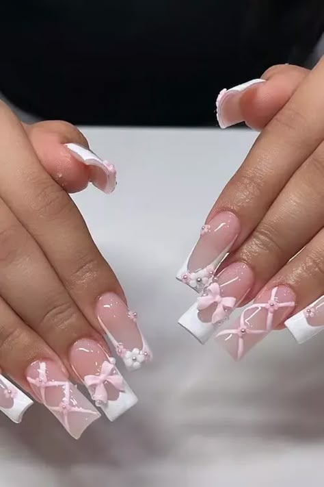 Get inspired with 80+ stunning bow nail designs. Elevate your manicure game with these girly coquette aesthetic and fairy balletcore nail art ideas, perfect for birthday parties, weddings, and holidays! Nail Ideas For A Wedding, Nail Art Designs Pink And White, Nail Inspo With Bow, Coffin Nail Frenchies, Cute Nail Ideas White, Cute Nails With Bows, Nail Ideas Coquette, Square Coquette Nails, Nail Bow Designs