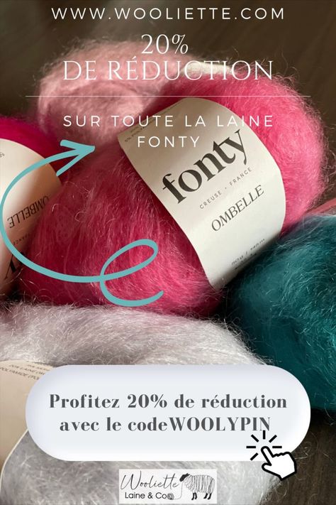 Laine FONTY en promotion. Profitez de 20% de réduction sur toute la collection FONTY avec le code WOOLYPIN. Frais de port offerts à partir de 69 eur d'achats. C'est le moment de craquer! Gilet Mohair, Pull Mohair, Promotion, Yarn, France, Knitting, Crochet